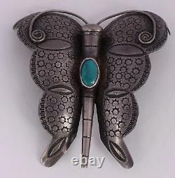 Old HUGE sterling silver & turquoise, large hand stamped butterfly pin brooch