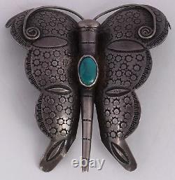 Old HUGE sterling silver & turquoise, large hand stamped butterfly pin brooch