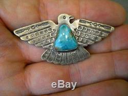 Old Hancrafted Native American Indian Turquoise Sterling Silver Thunderbird Pin