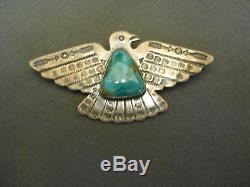 Old Hancrafted Native American Indian Turquoise Sterling Silver Thunderbird Pin