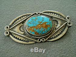 Old Harvey Era Native American Spiderweb Turquoise Sterling Silver Stamped Pin