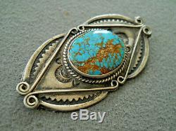 Old Harvey Era Native American Spiderweb Turquoise Sterling Silver Stamped Pin