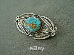 Old Harvey Era Native American Spiderweb Turquoise Sterling Silver Stamped Pin