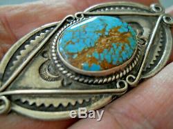 Old Harvey Era Native American Spiderweb Turquoise Sterling Silver Stamped Pin