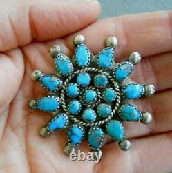 Old Native American Indian Natural Turquoise Cluster Sterling Silver Pin 1.75