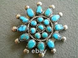 Old Native American Indian Natural Turquoise Cluster Sterling Silver Pin 1.75