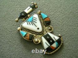 Old Native American Multi-Stone Inlay Sterling Silver Peyote Bird Brooch / Pin