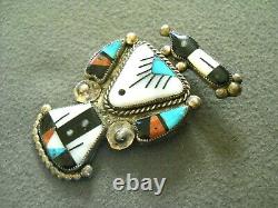 Old Native American Multi-Stone Inlay Sterling Silver Peyote Bird Brooch / Pin