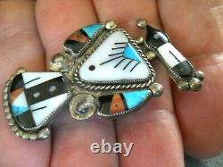 Old Native American Multi-Stone Inlay Sterling Silver Peyote Bird Brooch / Pin