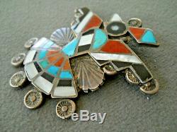 Old Native American Multi-Stone Inlay Sterling Silver Peyote Bird Pendant Pin