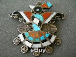 Old Native American Multi-Stone Inlay Sterling Silver Peyote Bird Pendant Pin