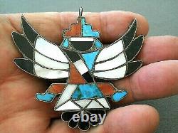 Old Native American MultiStone Inlay Sterling Silver Knifewing Pin Pendant R 60s