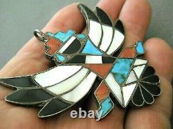 Old Native American MultiStone Inlay Sterling Silver Knifewing Pin Pendant R 60s