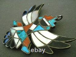 Old Native American MultiStone Inlay Sterling Silver Knifewing Pin Pendant R 60s