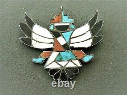 Old Native American MultiStone Inlay Sterling Silver Knifewing Pin Pendant R 60s