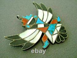 Old Native American MultiStone Inlay Sterling Silver Knifewing Pin Pendant R 60s