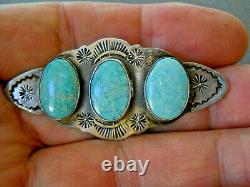 Old Native American Navajo 3-Stone Turquoise Sterling Silver Stamped Brooch Pin