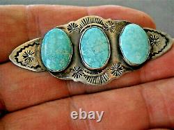 Old Native American Navajo 3-Stone Turquoise Sterling Silver Stamped Brooch Pin