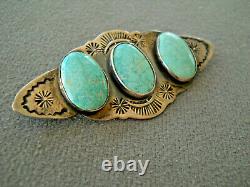 Old Native American Navajo 3- Stone Turquoise Sterling Silver Stamped Brooch Pin