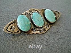 Old Native American Navajo 3-Stone Turquoise Sterling Silver Stamped Brooch Pin