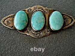 Old Native American Navajo 3-Stone Turquoise Sterling Silver Stamped Brooch Pin