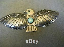 Old Native American Navajo Turquoise Sterling Silver Thunderbird Pin / Brooch