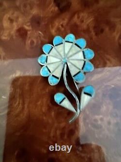 Old Native American Turquoise Flower Cluster Sterling Silver Dangles Pin Brooch