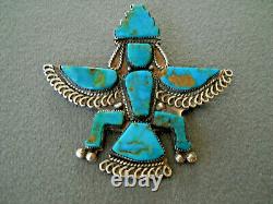 Old Native American Turquoise Inlay Sterling Silver Knifewing Kachina Pin Brooch
