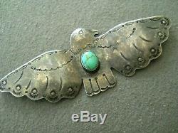 Old Native American Turquoise Stamped Sterling Silver Thunderbird Pin / Brooch