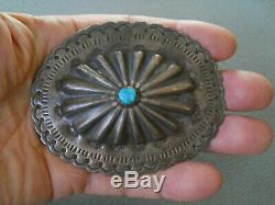 Old Native American Turquoise Sterling Silver Repousse Concho Brooch or Pin