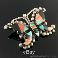 Old Native American Zuni Sterling Silver Multi-stone Inlay Butterfly Pin Brooch