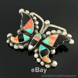 Old Native American Zuni Sterling Silver Multi-stone Inlay Butterfly Pin Brooch