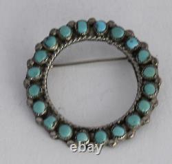 Old Native American Zuni petit point Turquoise cluster sterling round pin brooch