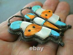 Old Native American inlaid Stone Sterling Silver Butterfly Mosaic Pendant / Pin