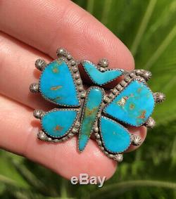 Old Navajo Native American Silver Blue Gem Turquoise Inlay Butterfly Pin Brooch