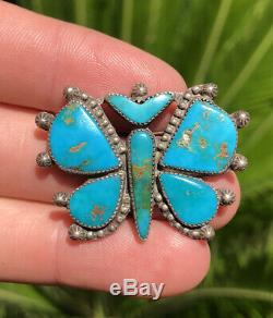 Old Navajo Native American Silver Blue Gem Turquoise Inlay Butterfly Pin Brooch