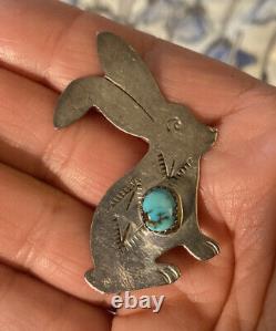 Old Navajo Stamped Sterling Bunny Rabbit Hare Turquoise Pin Brooch