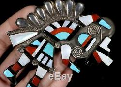 Old PAWN Vintage Navajo Handmade Rainbow Man Sterling Turquoise Coral Brooch Pin