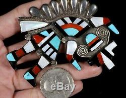 Old PAWN Vintage Navajo Handmade Rainbow Man Sterling Turquoise Coral Brooch Pin