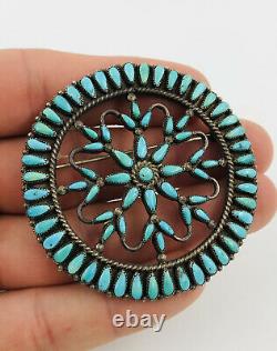 Old Pawn 1940's ZUNI Sterling Silver TURQUOISE Petit Point PIN BROOCH 2.25