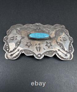 Old Pawn 2.5 Navajo Stamped Sterling Silver Turquoise Pin Signed AZRZ #278