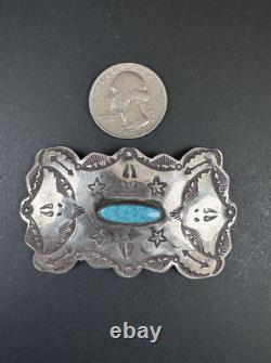 Old Pawn 2.5 Navajo Stamped Sterling Silver Turquoise Pin Signed AZRZ #278