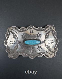 Old Pawn 2.5 Navajo Stamped Sterling Silver Turquoise Pin Signed AZRZ #278