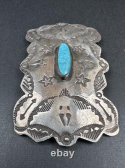 Old Pawn 2.5 Navajo Stamped Sterling Silver Turquoise Pin Signed AZRZ #278