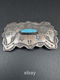 Old Pawn 2.5 Navajo Stamped Sterling Silver Turquoise Pin Signed AZRZ #278