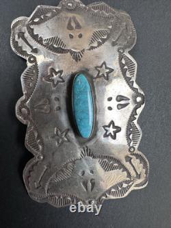 Old Pawn 2.5 Navajo Stamped Sterling Silver Turquoise Pin Signed AZRZ #278