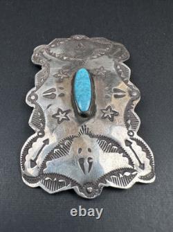 Old Pawn 2.5 Navajo Stamped Sterling Silver Turquoise Pin Signed AZRZ #278