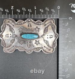 Old Pawn 2.5 Navajo Stamped Sterling Silver Turquoise Pin Signed AZRZ #278