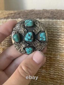 Old Pawn Cluster Turquoise Pendant Brooch Pin Sterling Turquoise Pendant