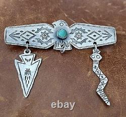 Old Pawn Fred Harvey Era 925 Thunderbird Turquoise With Charms Stamped Brooch Pin